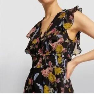 Paige Katharina Sleeveless Silk Chiffon Floral Ruffle Black Midi Dress